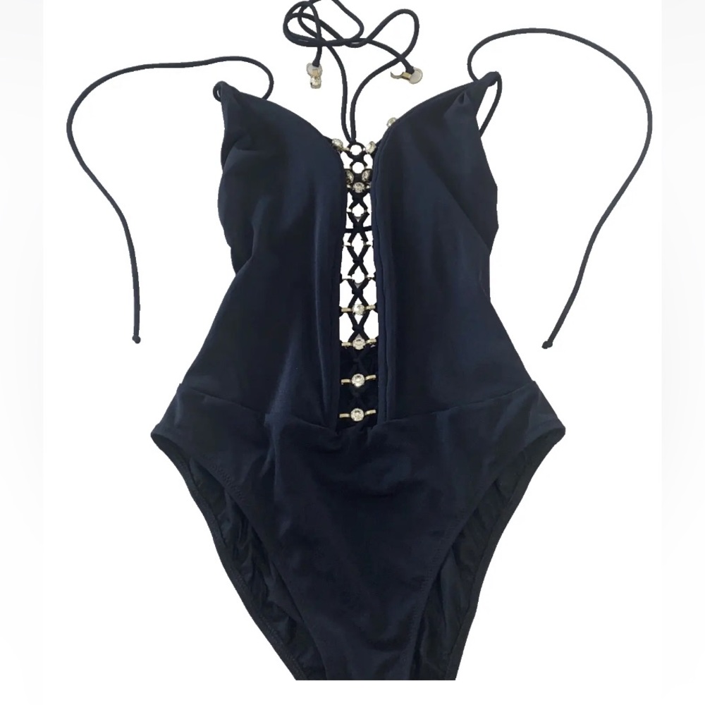 Gottex Monokini One Piece Swimsuit 6 Black Studded Faux glass diamond 13SA-035